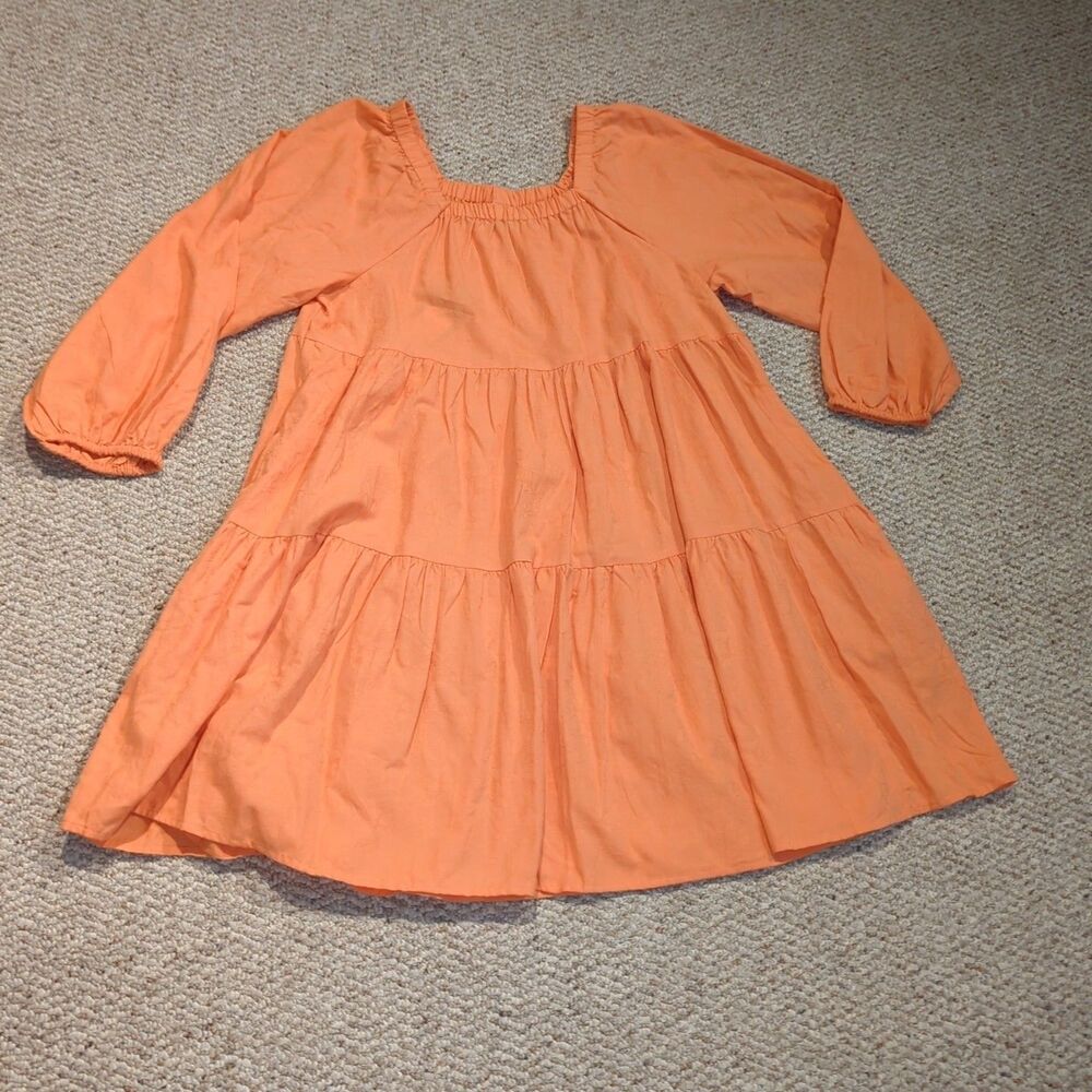Universal Thread Tiered Mini Dress Womens M Orange Square Neck Puff Sleeve Boho